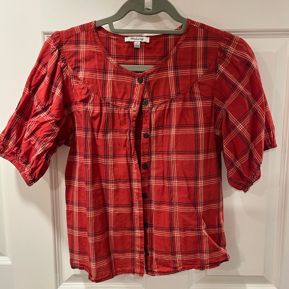 Madewell Red Checkered Puff Sleeve Blouse